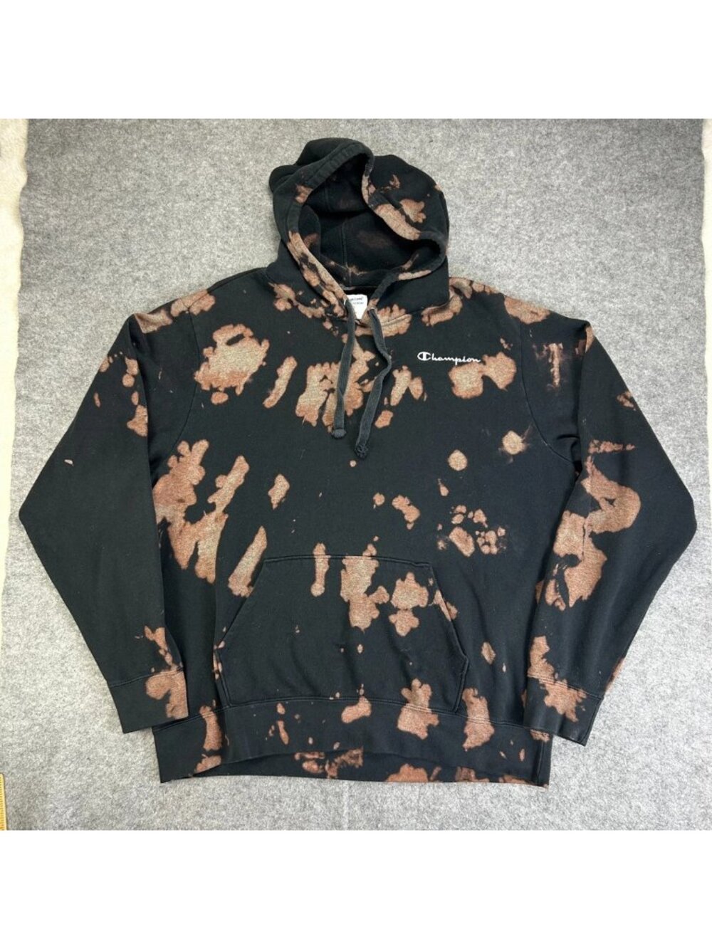 Champion Hoodie Mens XL Black Brown Bleach Tie-Dye Kangaroo Pocket Pullover READ